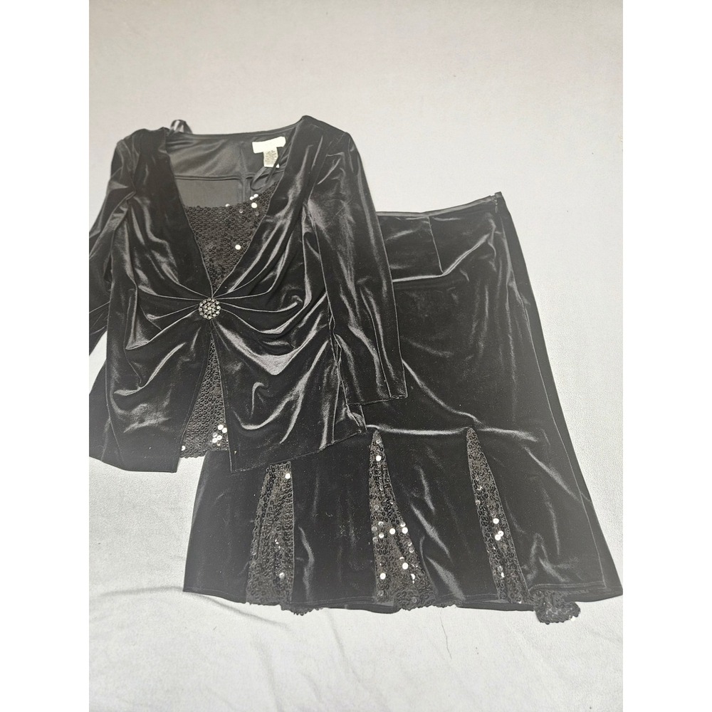 Jackie Jon New York Black Velvet Sequin Skirt Set Rhinestone Brooch Size 12